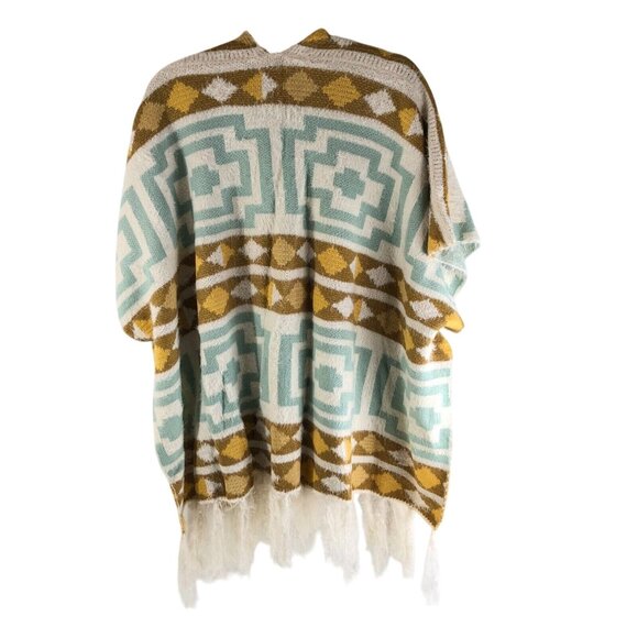 Free People Diamondback Cozy Kimono Poncho Soft Southwest Boho Ivory Yellow OS - Picture 2 of 3